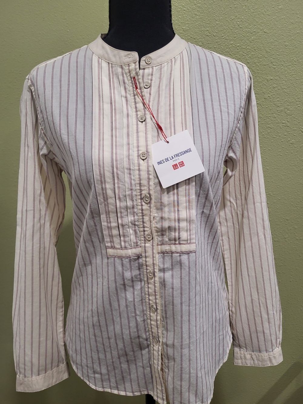 Ines de la Fressange UNIQLO Striped Cream Button-Down Band Collar Shirt